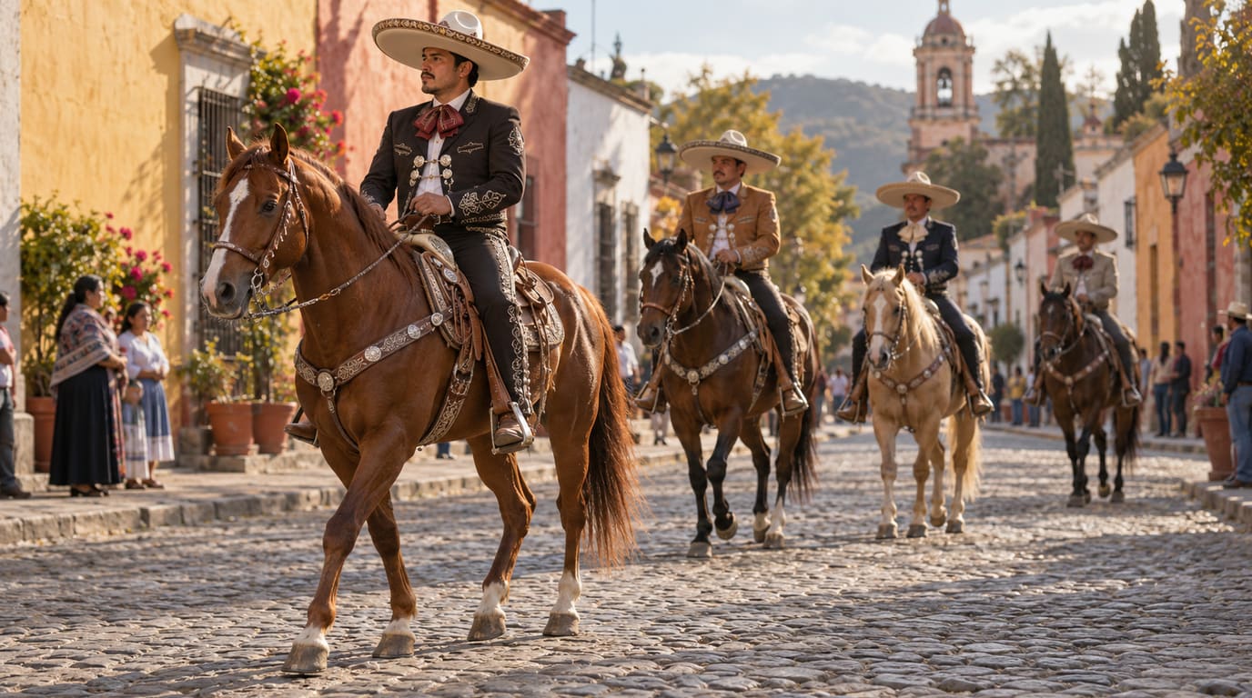 Charros in embroidered jackets and sombreros ride chestnut, bay and palomino horses down a sunlit cobblestone street lined with colorful colonial buildings.