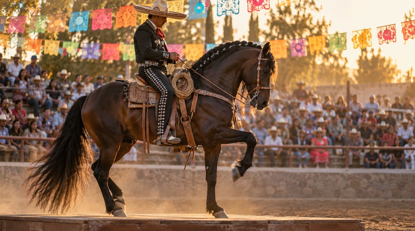 A charro in a silver-studded suit rides a dark bay horse that lifts one foreleg on a wooden platform as a crowd watches under papel picado at sunset.