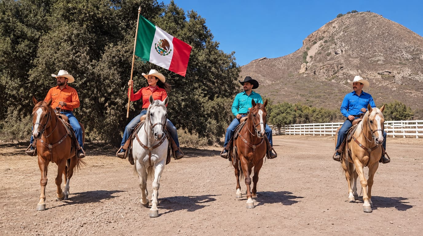 Four riders in cowboy hats ride toward the camera on a dirt trail below a rocky hill; a woman in the group carries a Mexican flag.