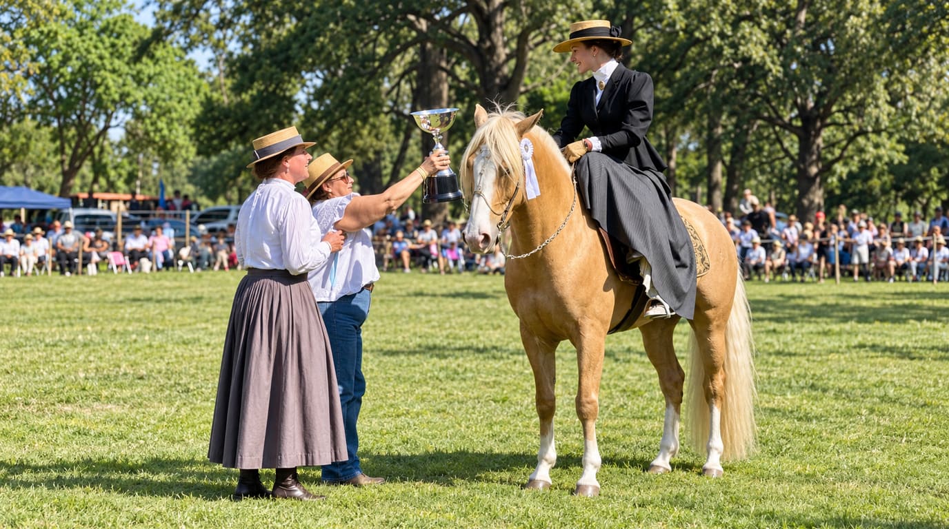 Una amazona con traje negro y sombrero de paja monta de lado un caballo palomino mientras dos mujeres le entregan una copa de plata en un campo de pasto.