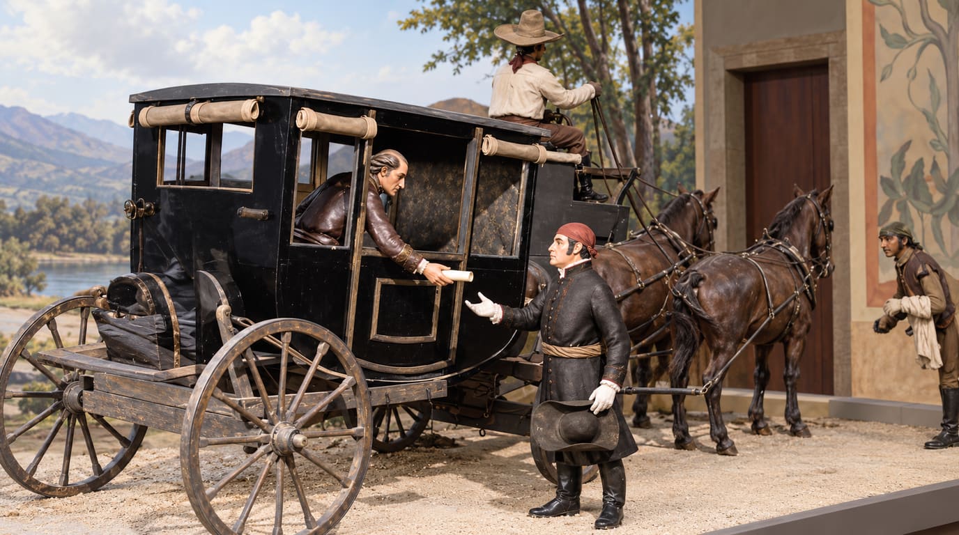 Museum diorama of a man in a black carriage handing a scroll to a priest, with a driver on the box and two harnessed brown horses waiting ahead
