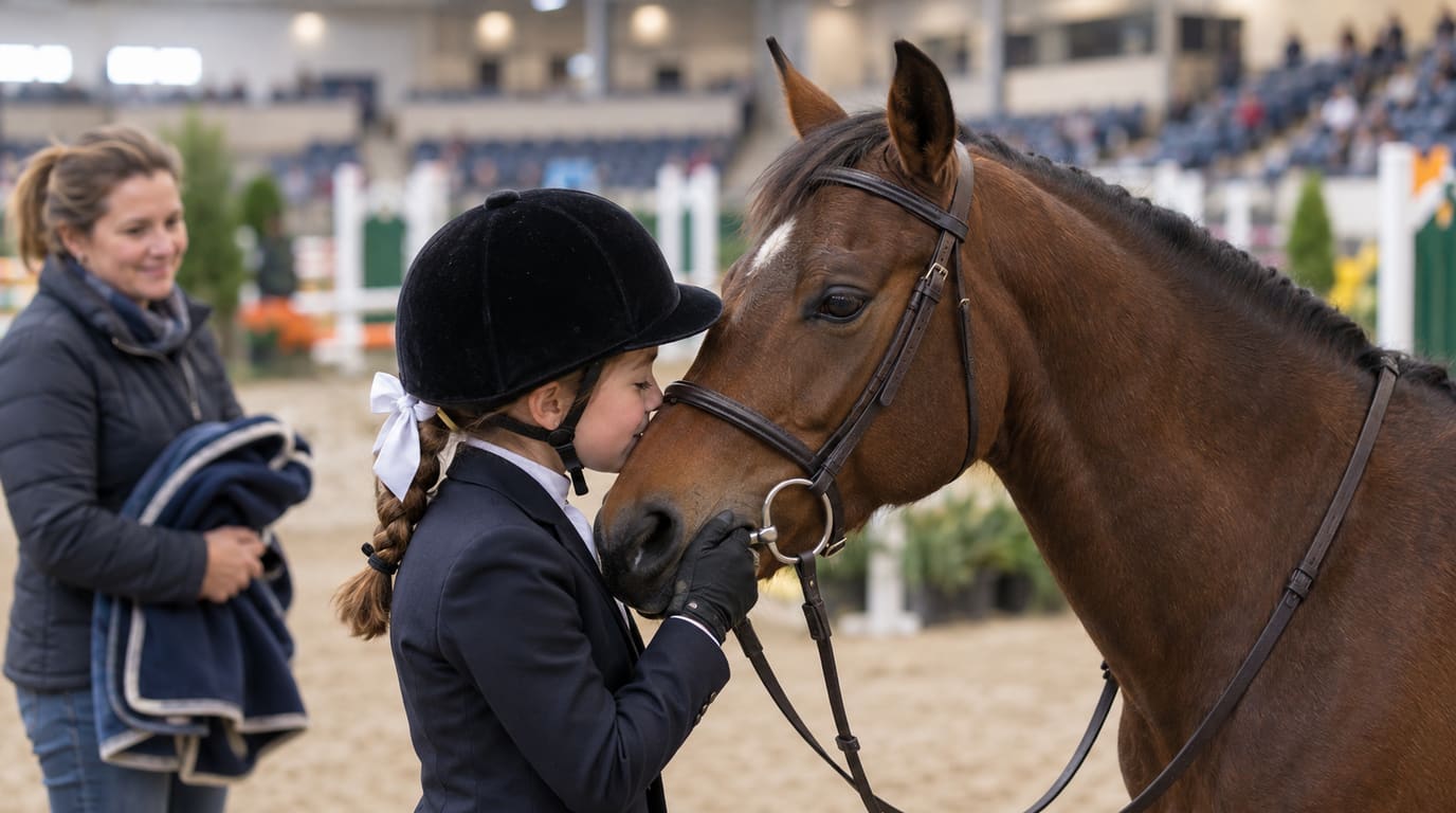 A young rider in a black velvet helmet, white bow and navy show coat nuzzles her bay pony at an indoor show as an adult holds a folded blanket.
