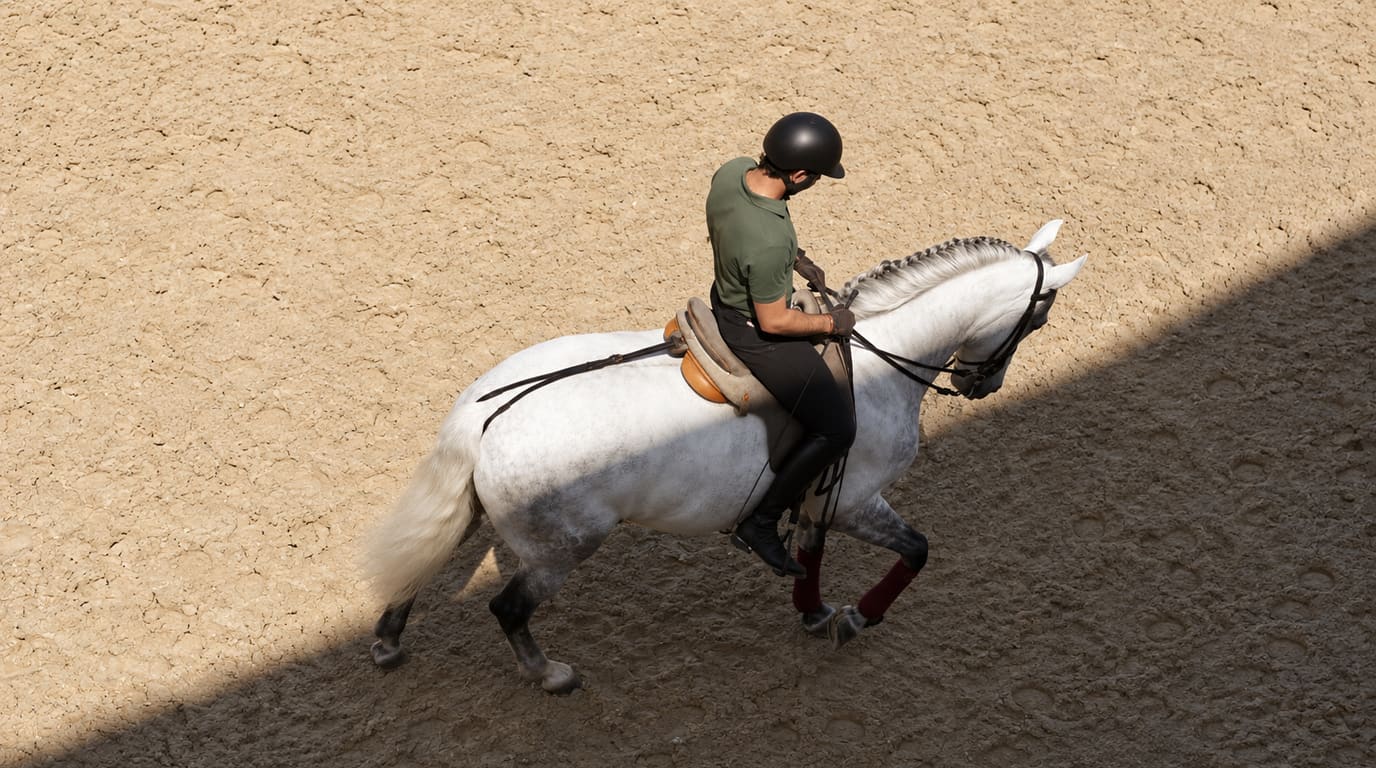 Seen from above, a rider in a black helmet and green polo walks a grey horse with a braided mane across a sandy arena.