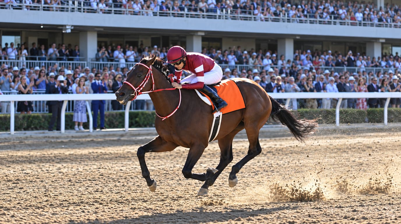 A bay racehorse ridden by a jockey in maroon and white silks gallops down a dirt homestretch past a packed grandstand of cheering fans.