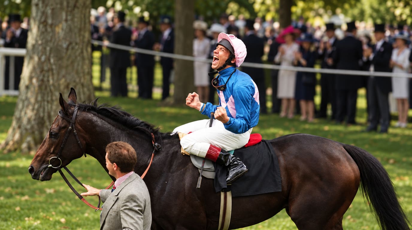 Un jinete con gorra rosa y chaquetilla azul grita con los puños en alto sobre un caballo castaño oscuro guiado por un hombre de traje gris ante el público.