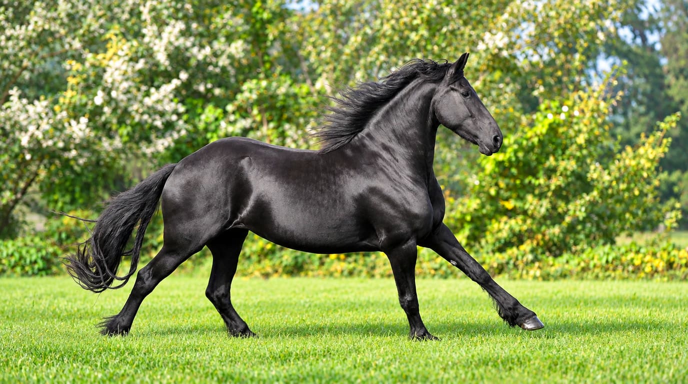 A glossy black Friesian horse with a long wavy mane and tail trots across bright green grass in front of flowering shrubs.