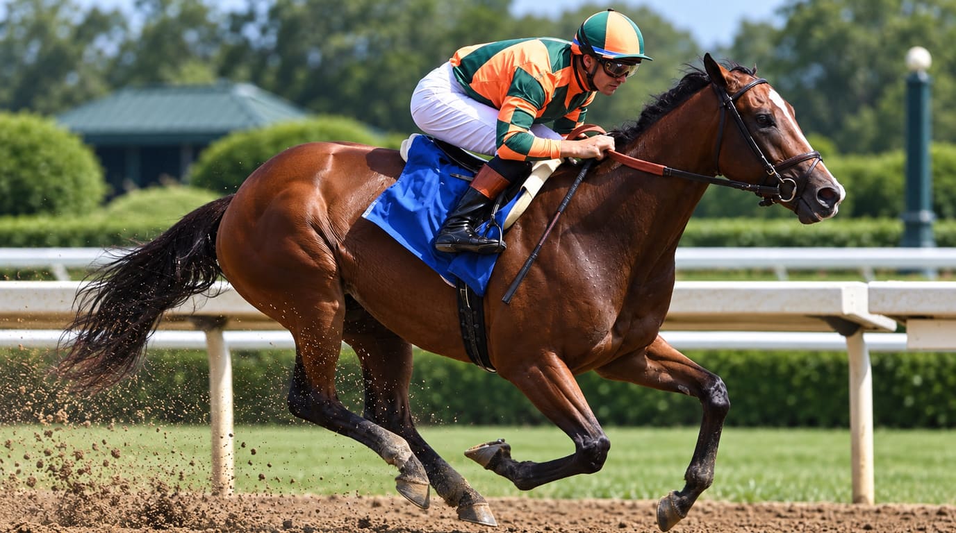 A jockey in orange and green silks rides a bay filly at full gallop down a dirt track past white rails and green hedges.