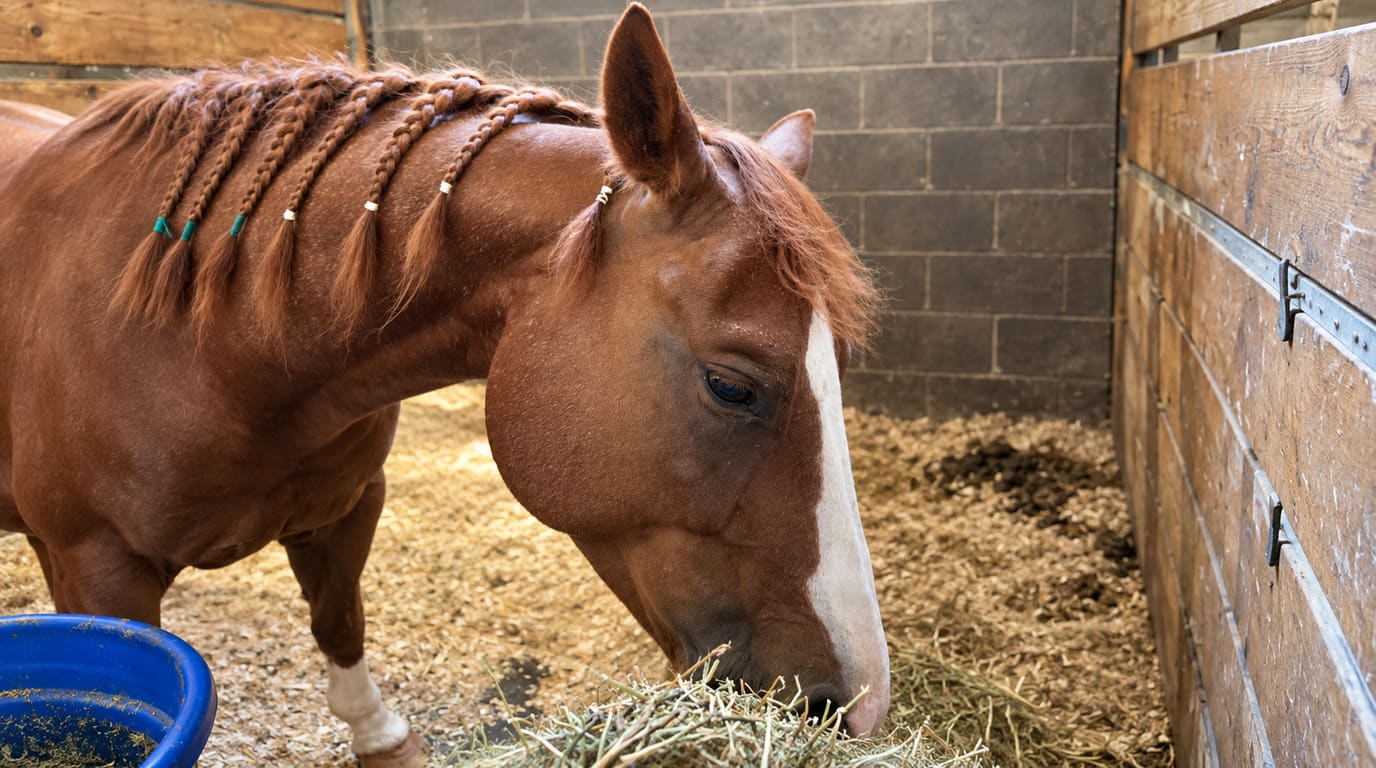 A chestnut horse with a white blaze and a braided mane lowers its head to eat hay in a stall bedded with wood shavings.