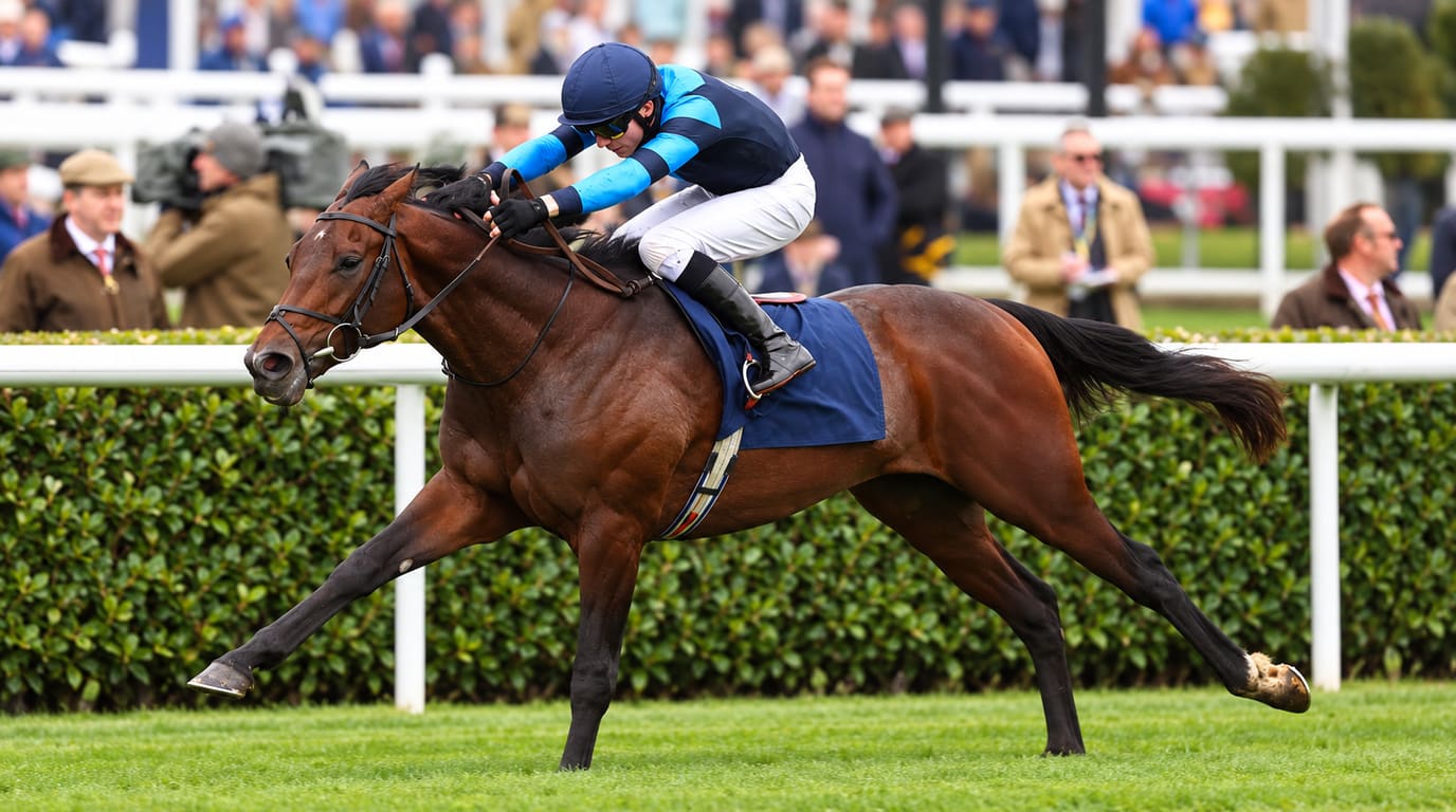 A bay racehorse gallops on turf past a green hedge and white rail, ridden by a jockey in blue and black silks as racegoers watch behind.