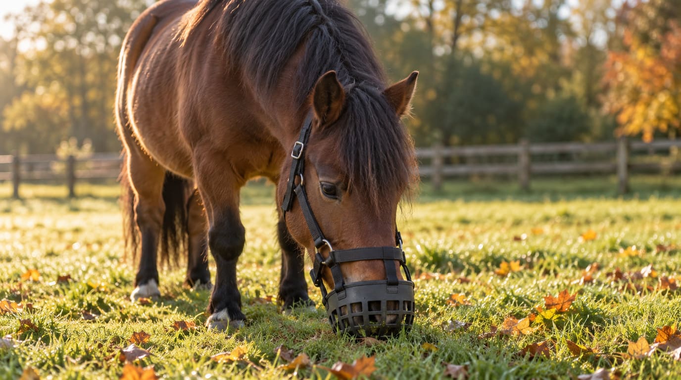 Un pony bayo robusto con bozal de pastoreo negro tipo canasta y cabezada baja la cabeza para pastar en césped con rocío y hojas otoñales caídas.