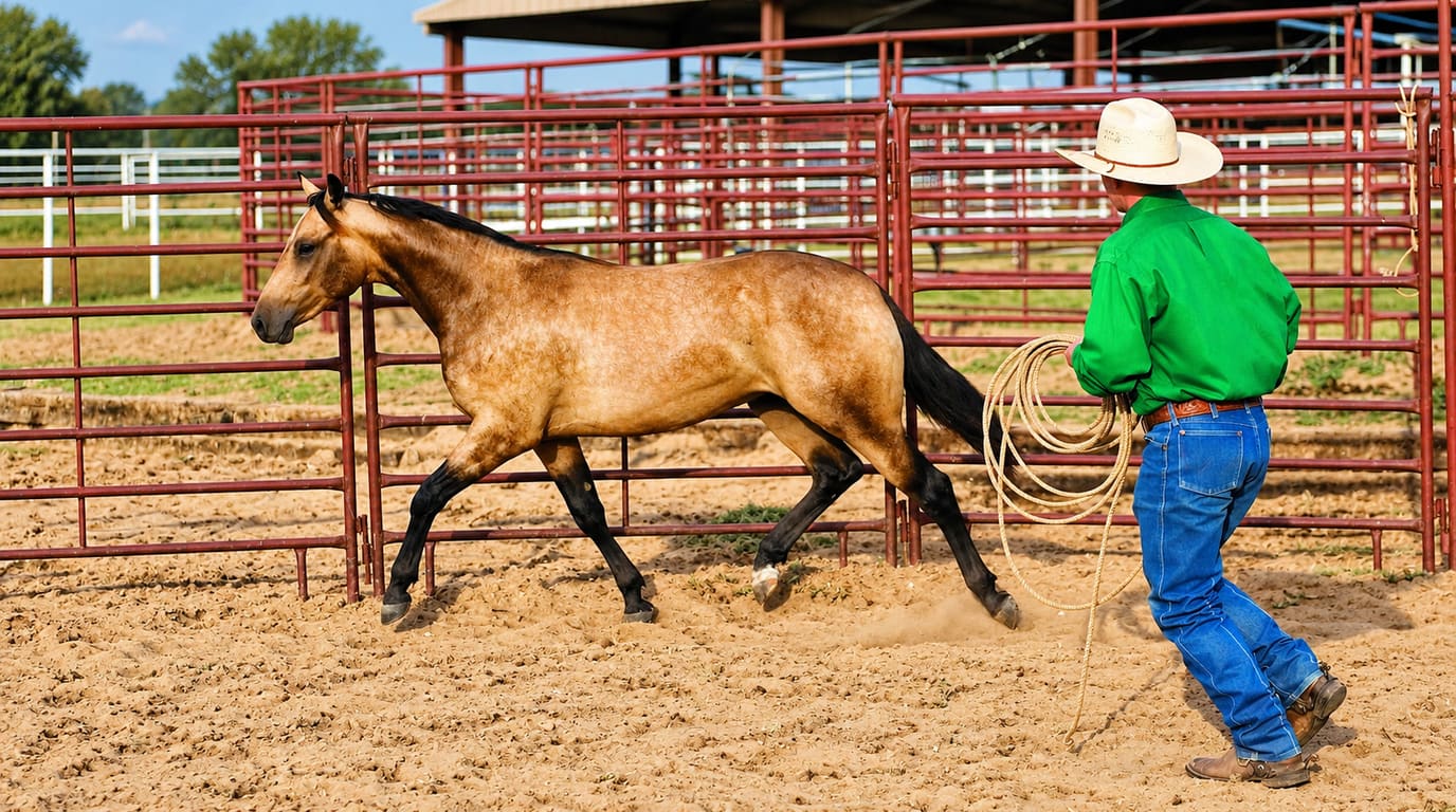 A buckskin horse trots along the red steel panels of a round pen as a trainer in a green shirt and cowboy hat follows with a coiled rope.