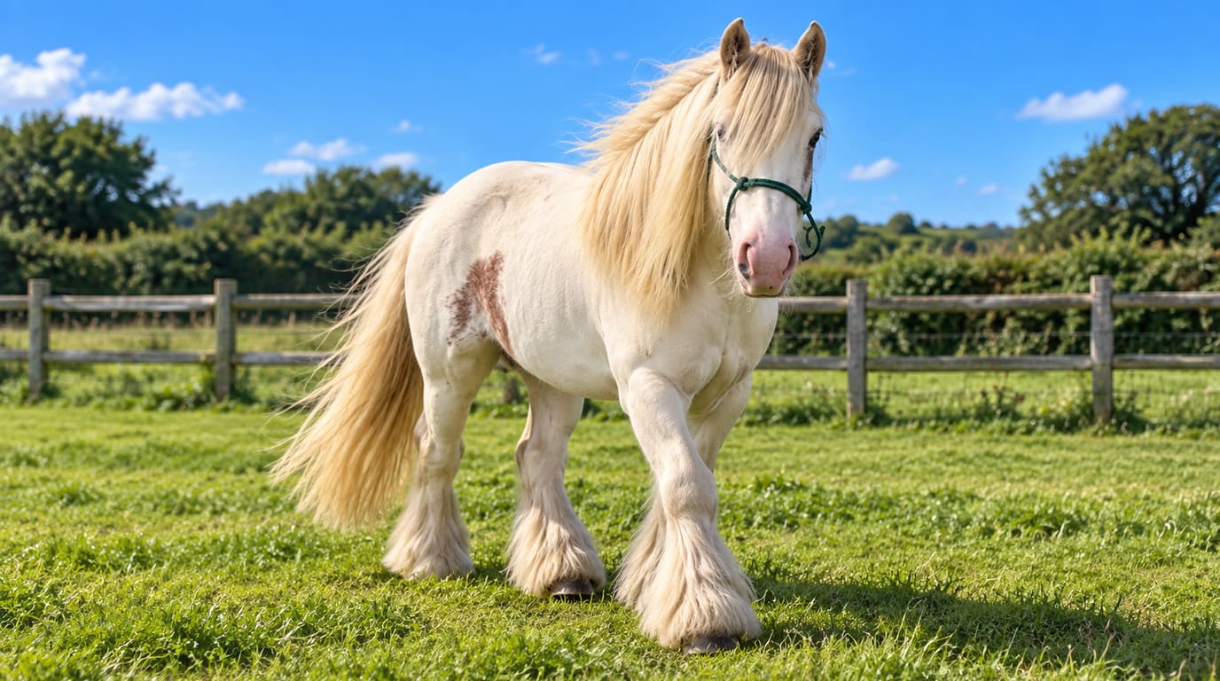 A cream Gypsy cob with a long flaxen mane and heavily feathered legs walks through a sunny green paddock in a green rope halter.