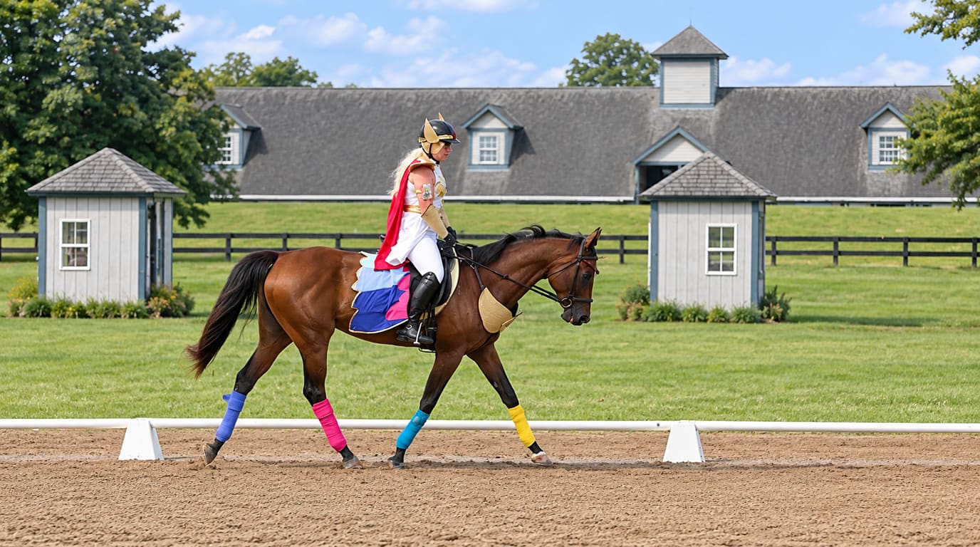 Rider dressed as a caped warrior with a winged helmet walks a bay horse wearing bright multicolored leg wraps along a dressage arena rail by a farm barn.