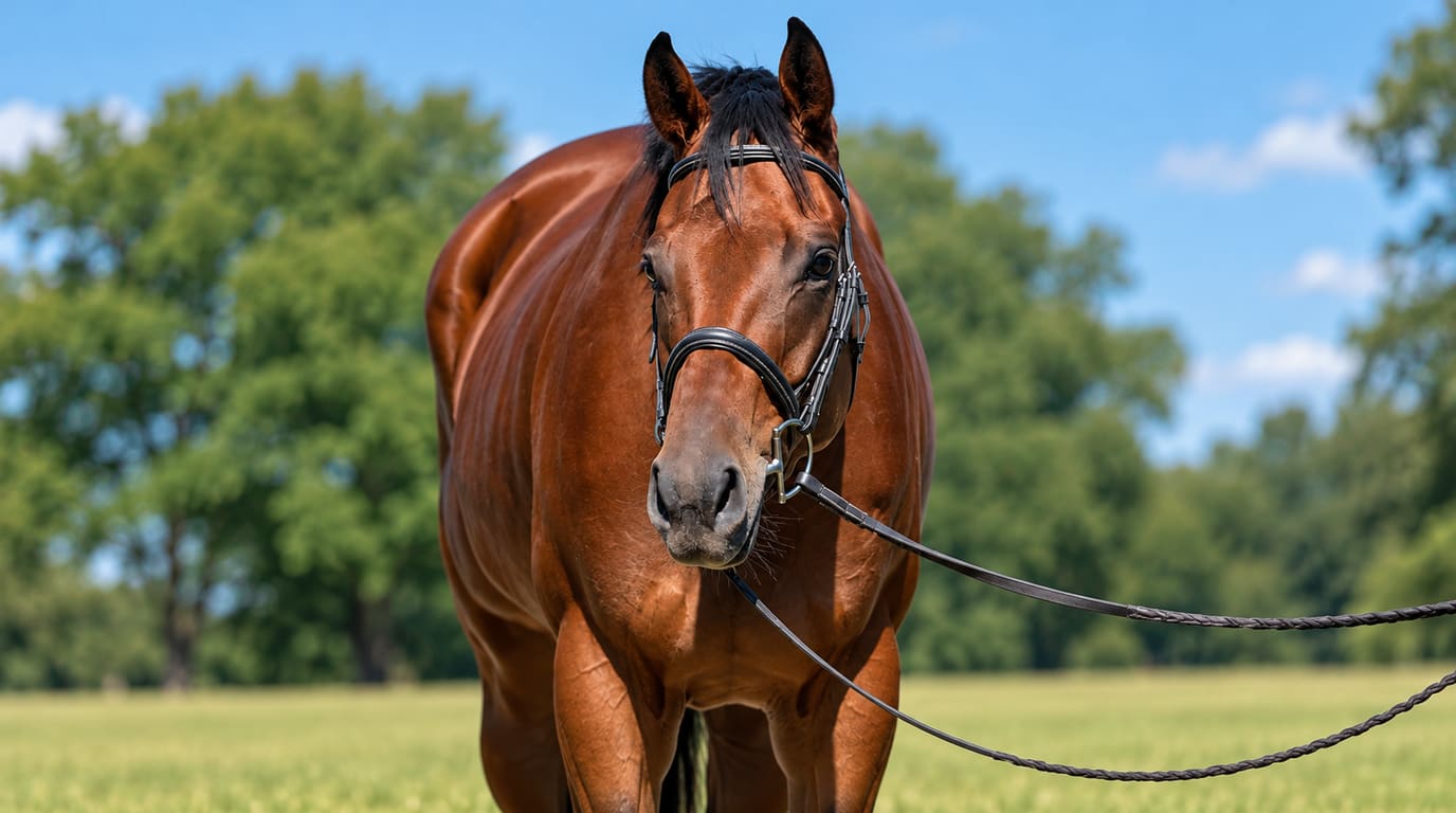 A bay horse in a black leather bridle stands facing the camera in a sunny green pasture, its reins trailing off to the right.
