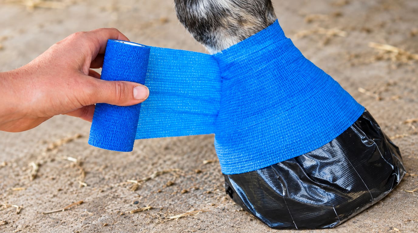 A hand unrolls blue self-adhesive vet wrap around a horse's hoof covered in a black duct-tape boot, a common hoof abscess bandage, on a stable floor.
