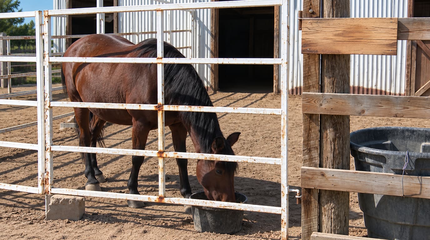 A bay horse with a black mane eats from a black bucket in a sunny dirt pen behind a white metal gate, beside a wooden post and a water trough.