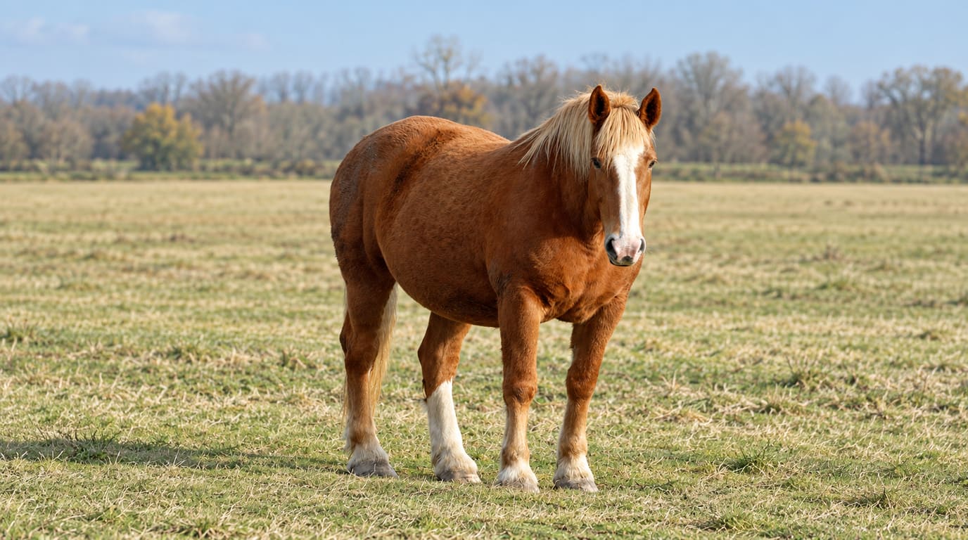 A stocky chestnut horse with a flaxen mane and white blaze stands in a wide winter pasture, its rounded belly and full topline clearly visible.