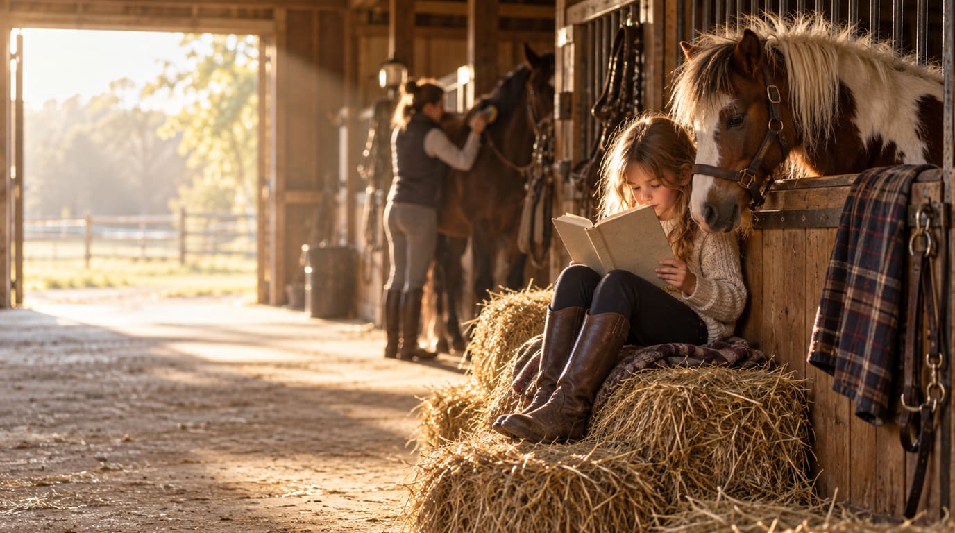 A child curled up on hay bales reads a book in a sunlit barn as a shaggy pinto pony leans over its stall door beside them.