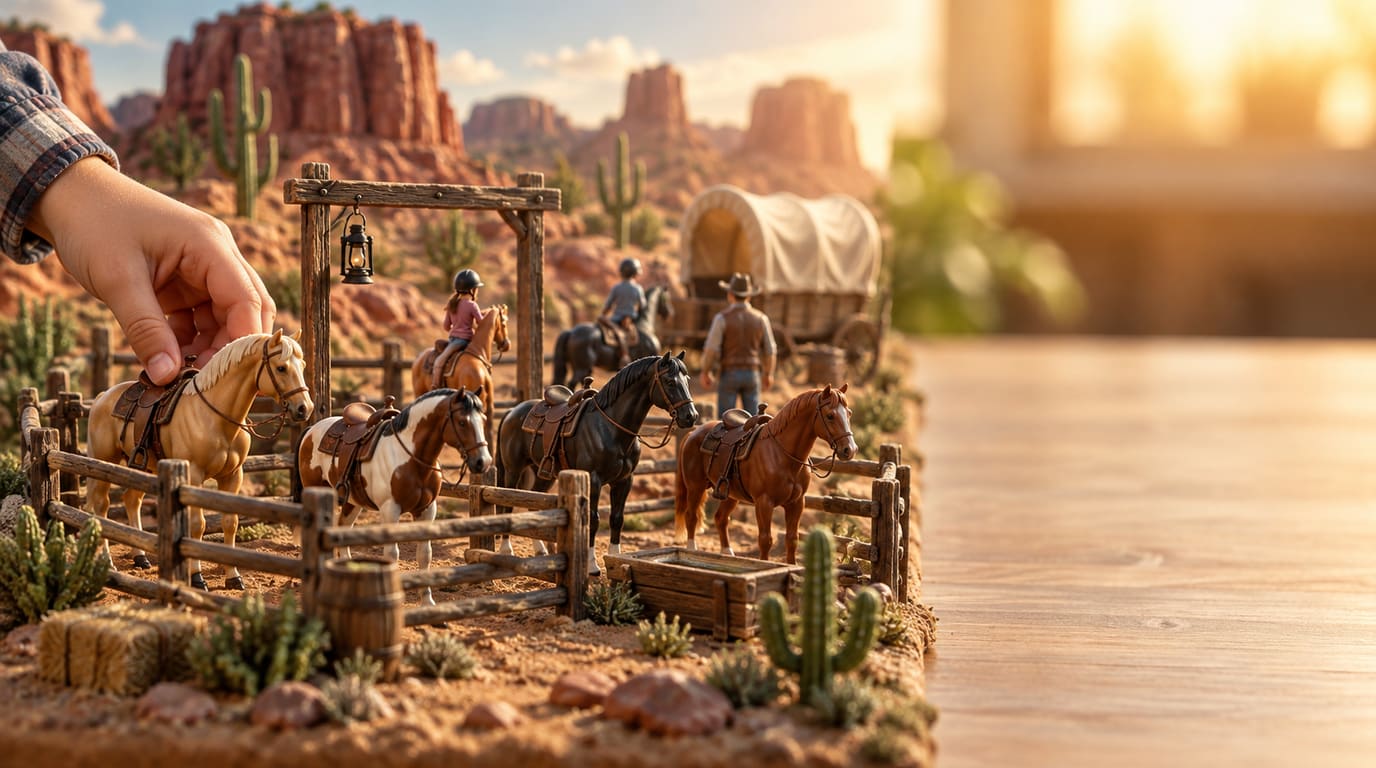 Four small toy horses stand beside a tiny wooden corral in a tabletop Wild West diorama with red rocks and cacti as a child's hand places one of them.