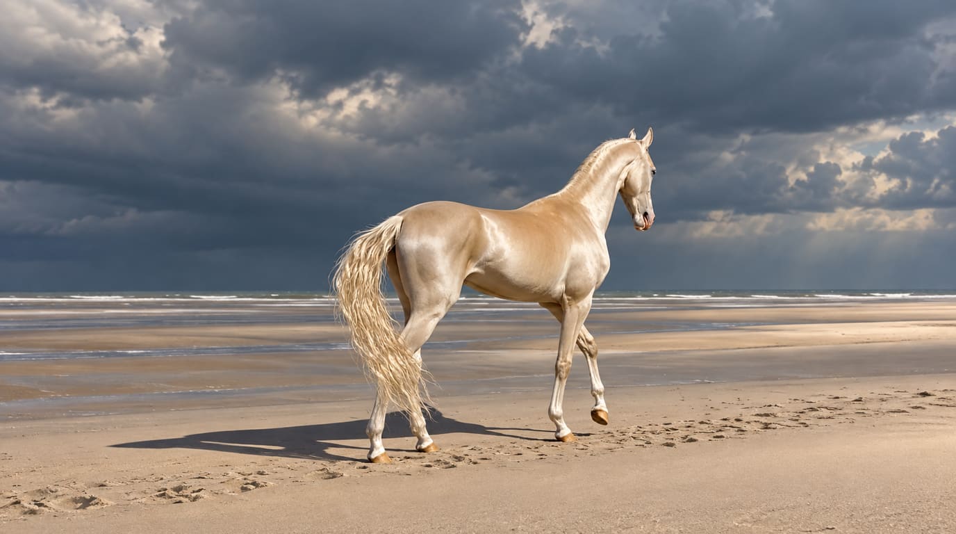 A pale golden Akhal-Teke horse with a gleaming metallic coat walks across a wide sandy beach under dark storm clouds.