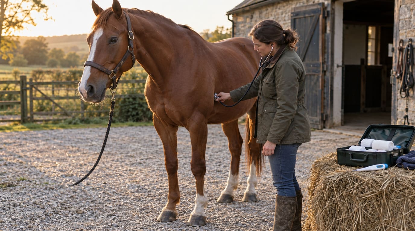 A woman in a waxed barn jacket checks a chestnut horse's heart with a stethoscope on a gravel yard, a first aid kit on a hay bale nearby.