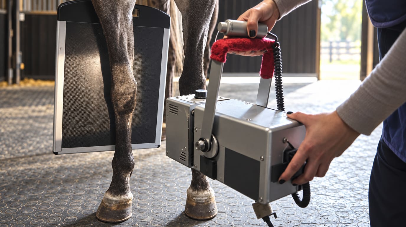 A vet's hands aim a portable X-ray unit at a gray horse's front leg while a flat detector plate is held behind it on a stable floor.
