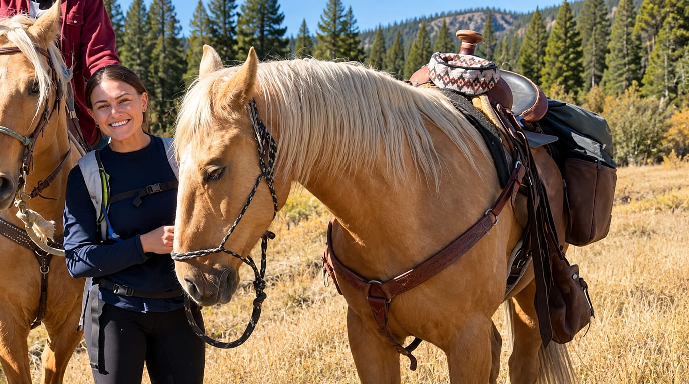 Smiling hiker in a navy top stands beside a saddled palomino trail horse with packed saddlebags in a sunny meadow ringed by pine forest.