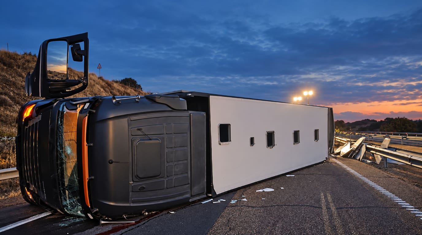 An overturned horse transport truck lies on its side across a highway at dusk, with a cracked windshield, debris on the asphalt and a damaged guardrail.