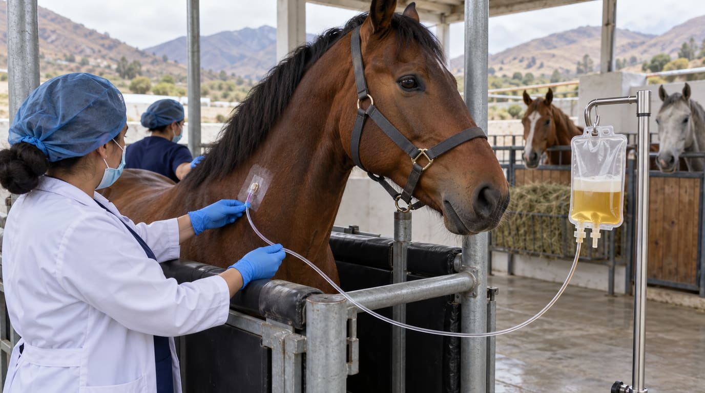 Una técnica veterinaria con cubrebocas y guantes azules revisa una vía en el cuello de un caballo bayo en un potro de contención mientras el plasma llena una bolsa.