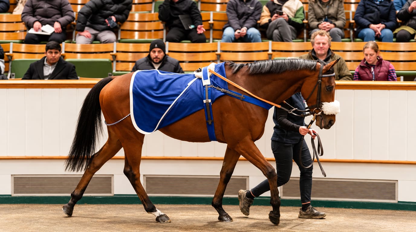 A bay racehorse in a blue rug is led around a sale ring by a handler as buyers watch from wooden tiered seats.