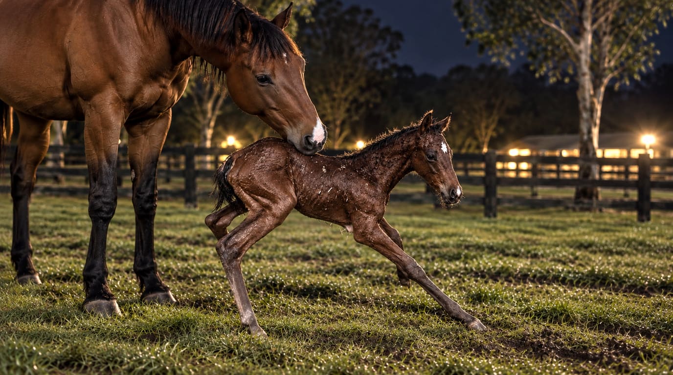 A bay mare nuzzles her wet newborn foal as it takes wobbly first steps on a dewy paddock at night, with lit barns behind the fence.