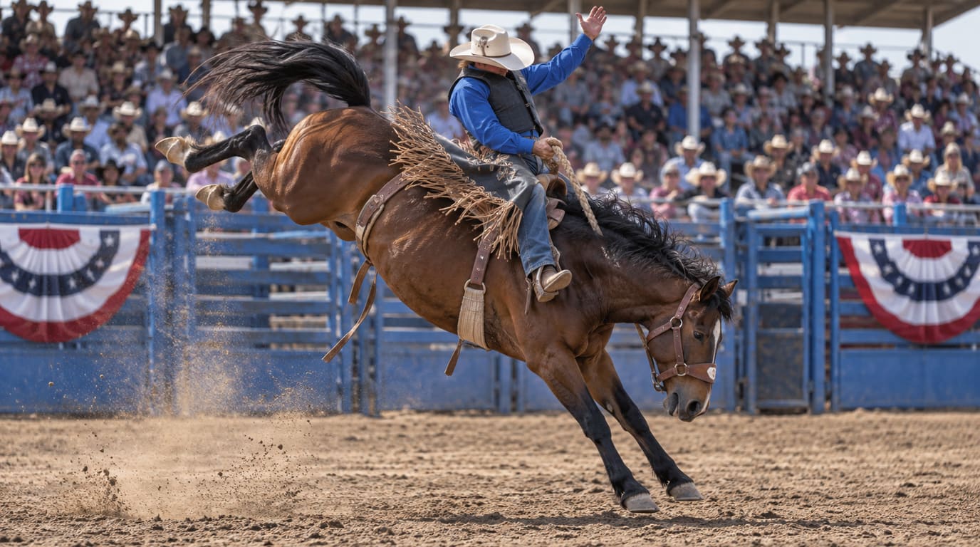 A saddle bronc rider in a white hat and blue shirt raises one arm as a bay bronc kicks high in a dirt arena before packed grandstands.