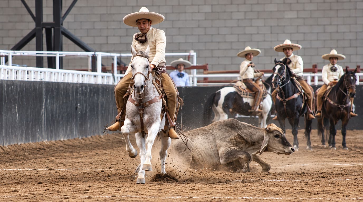 A charro in a wide sombrero gallops a dappled gray horse across a dirt arena past a fallen bull as three mounted charros watch from behind.