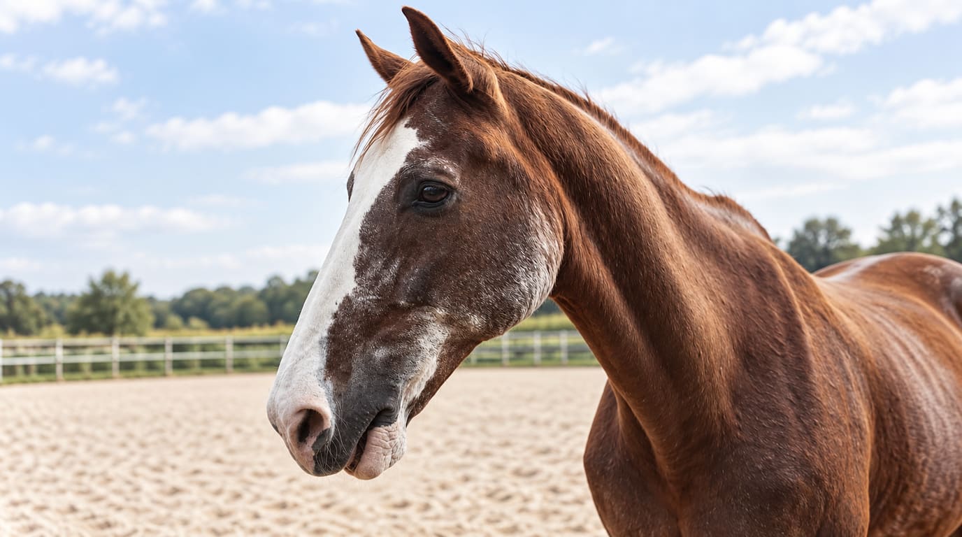 An older chestnut horse with a white blaze and greying hair around its eye and muzzle stands in a sandy arena under a bright sky.