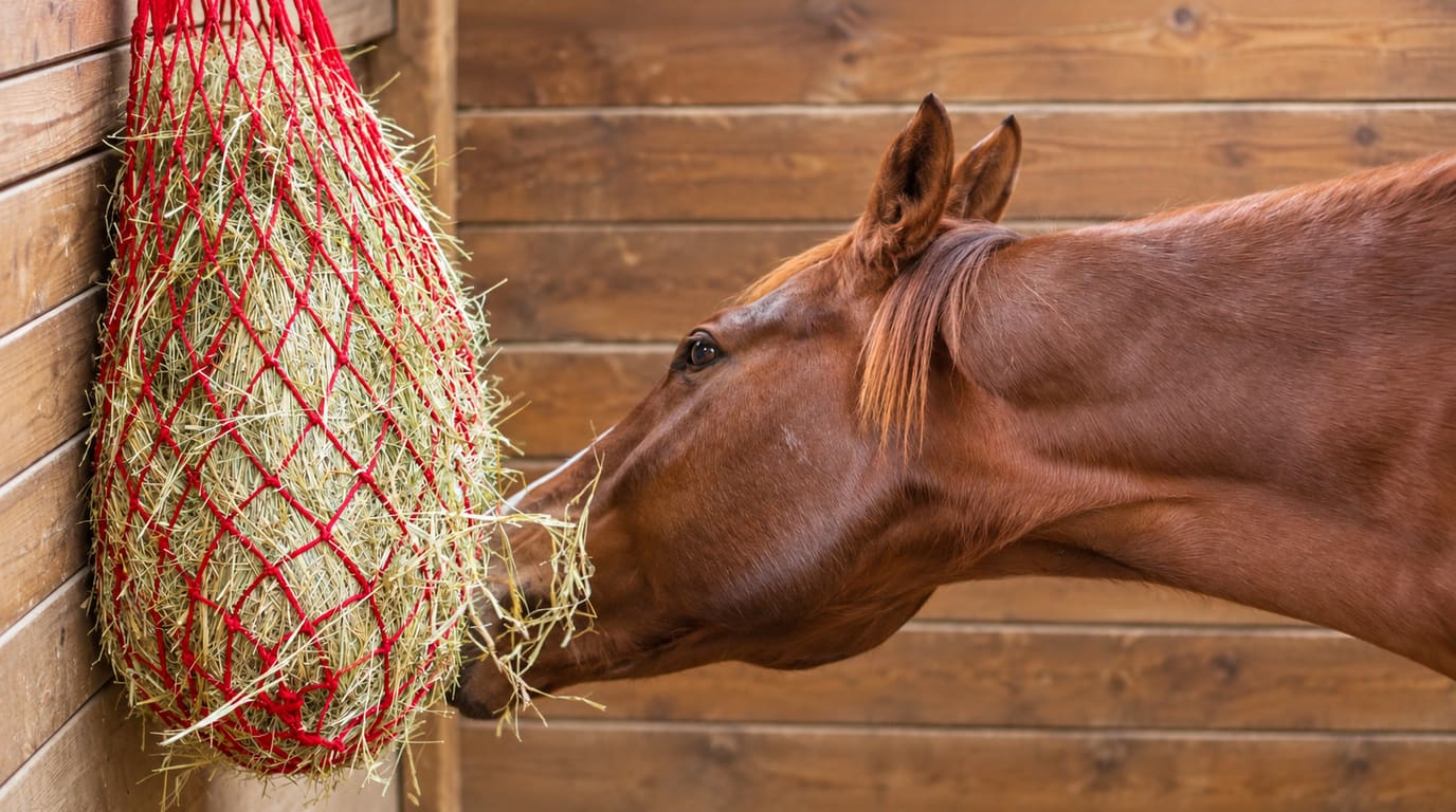 A chestnut horse pulls a mouthful of hay from a red slow-feed hay net hanging on the wooden wall of its stall.