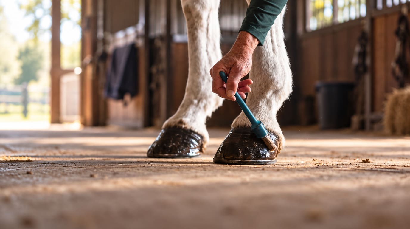 A hand brushes glossy hoof dressing onto a white horse's front hoof in a sunlit barn aisle, the other hoof resting beside it.