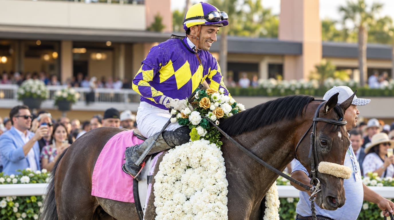Smiling jockey in purple and yellow silks rides a dark bay colt wearing a white flower garland as a handler leads him past a cheering crowd.