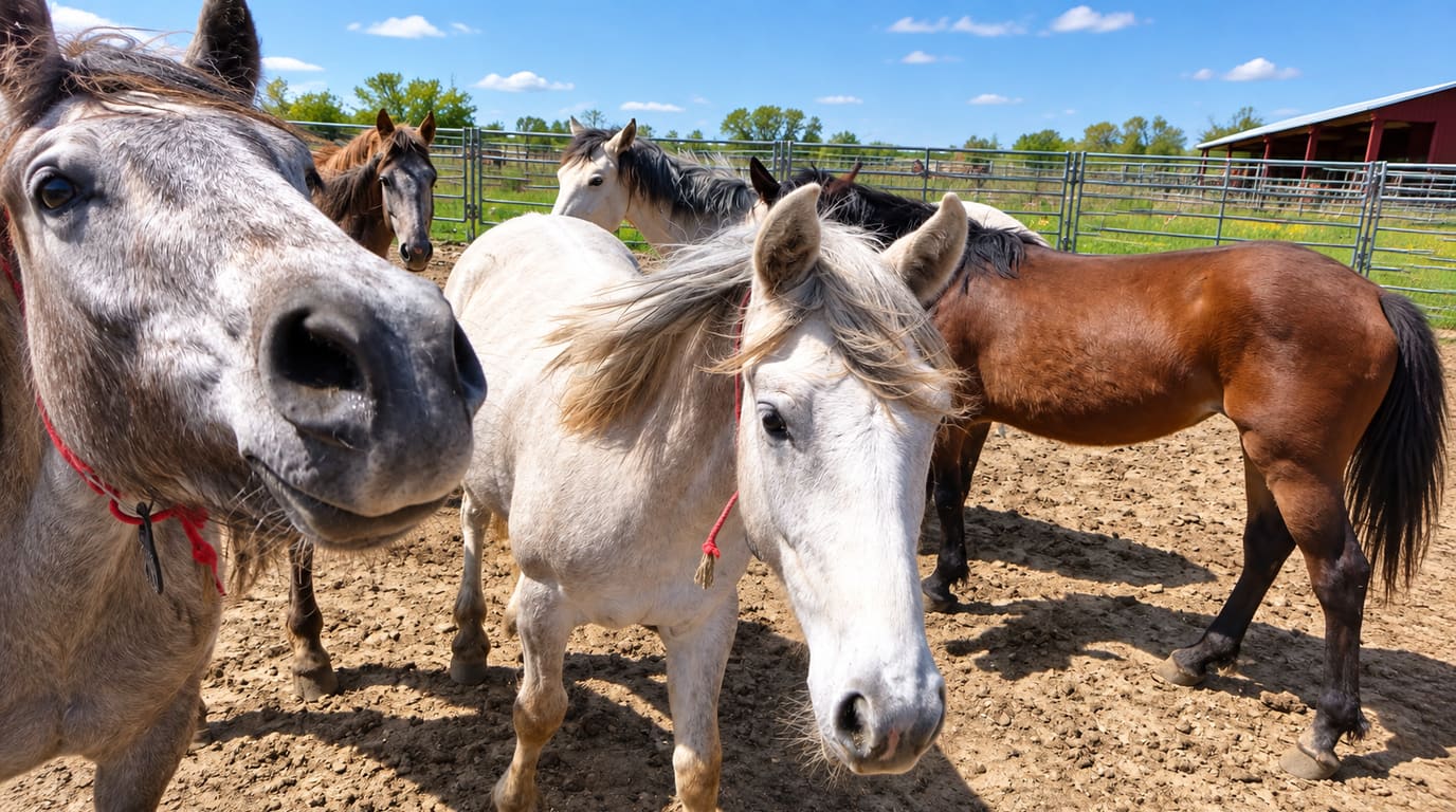 Curious gray, white and bay mustangs crowd toward the camera in a dirt holding pen with metal panel fencing and a red barn behind.