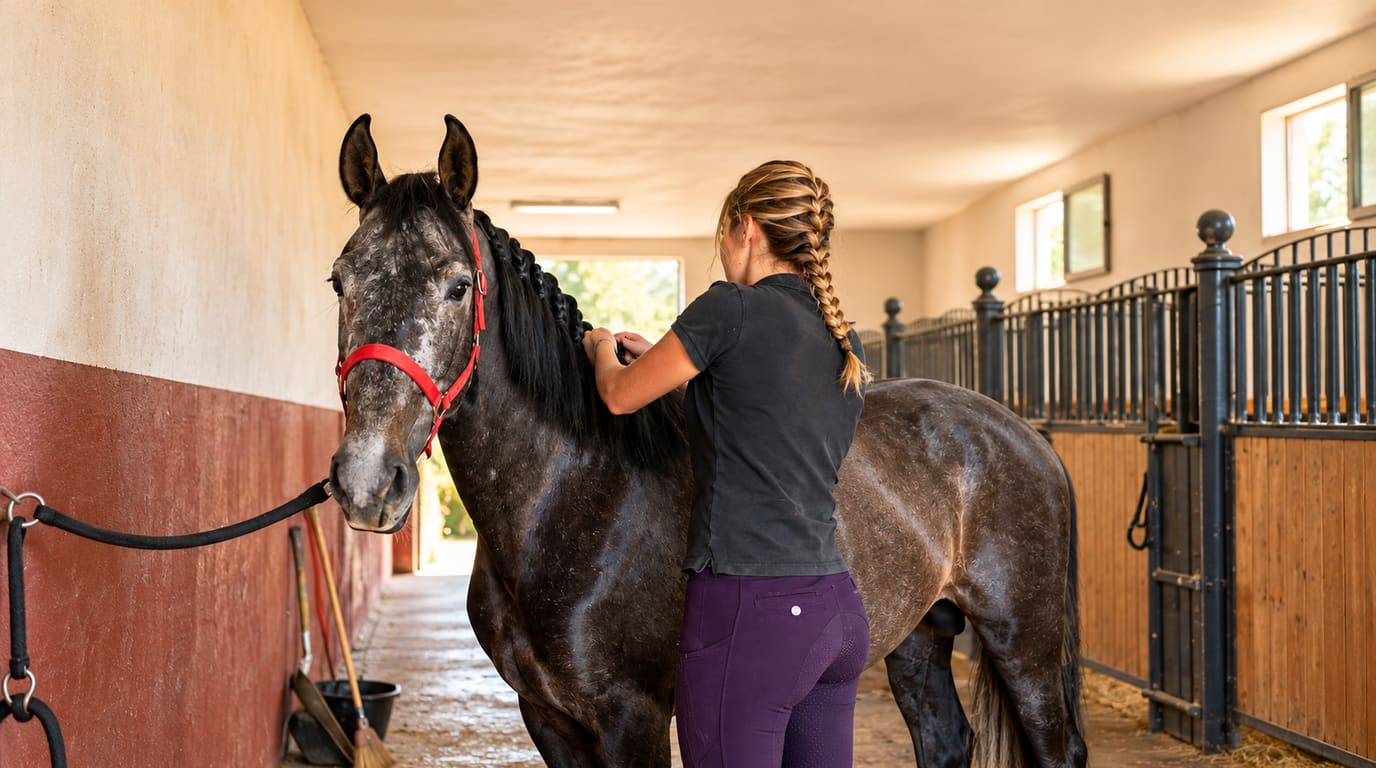 A young woman braids the black mane of a dapple-gray horse in a red halter in a sunlit stable aisle.