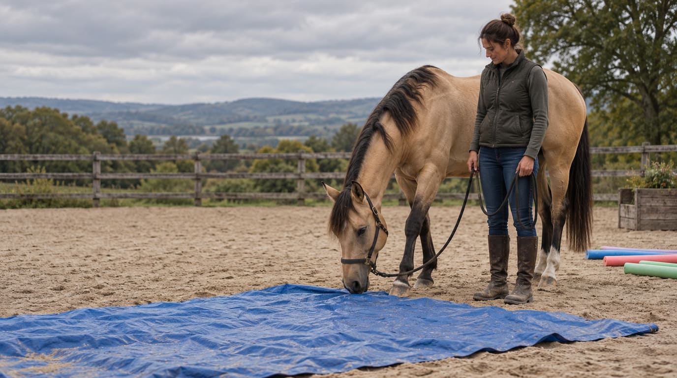 A buckskin horse lowers its head to sniff a blue tarp on the arena sand while a calm handler stands at its shoulder.