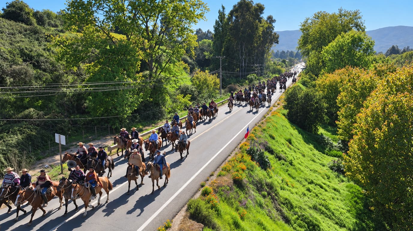 Aerial view of a long procession of huasos in ponchos and flat-brimmed hats riding horses along a rural road between green hills, with a Chilean flag