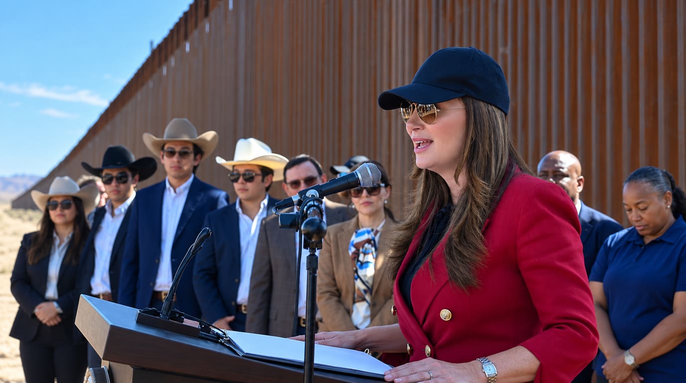 Una funcionaria con saco rojo y gorra oscura habla en un podio junto al muro fronterizo de acero, con ganaderos de sombrero vaquero detrás de ella.