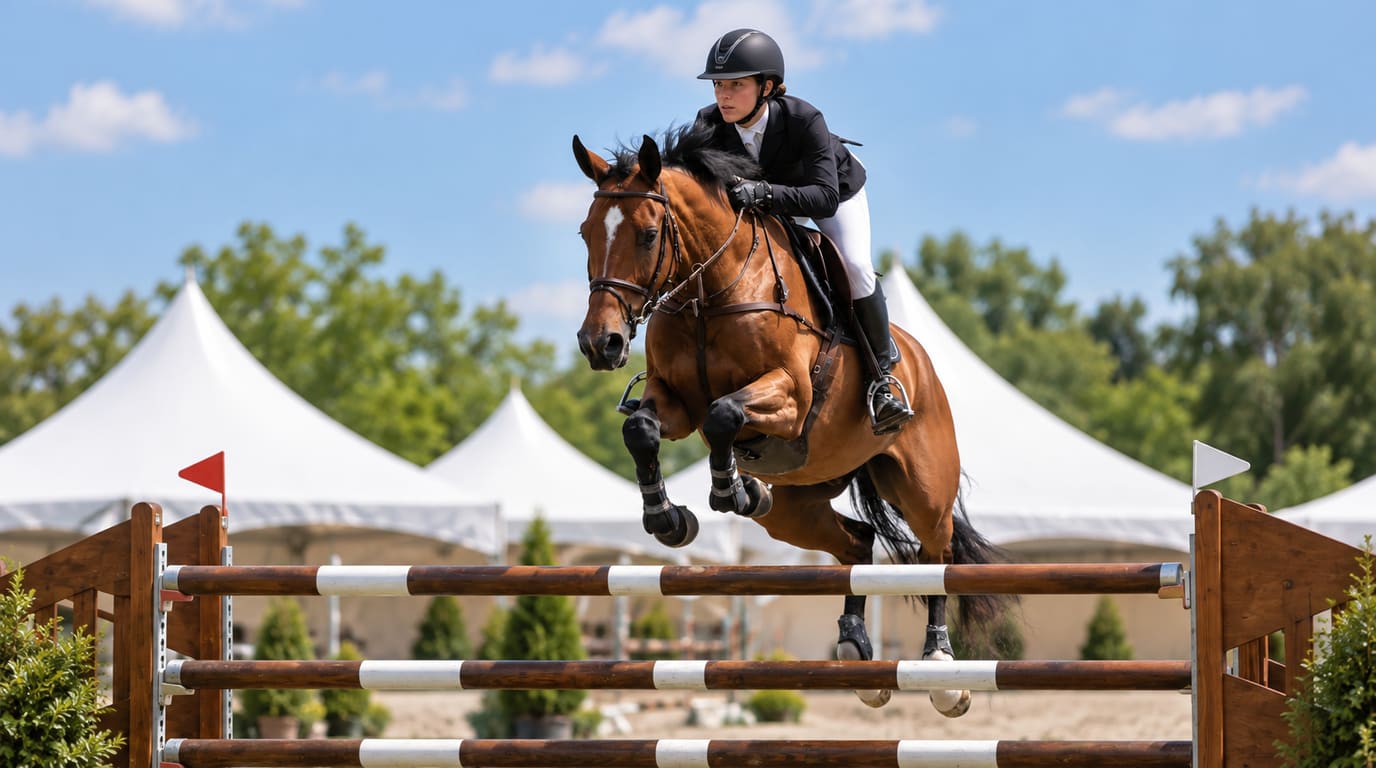 A rider in a black jacket and helmet clears a striped show jumping fence on a bay sport horse, with white event tents and green trees behind.