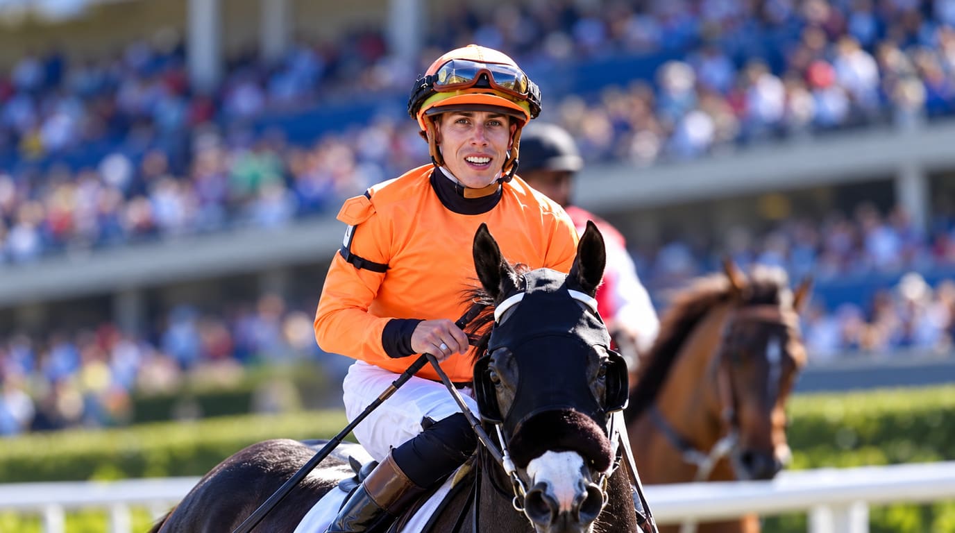 Smiling jockey in orange silks and helmet rides a dark horse wearing a black hood past a packed grandstand, with another horse and rider behind.