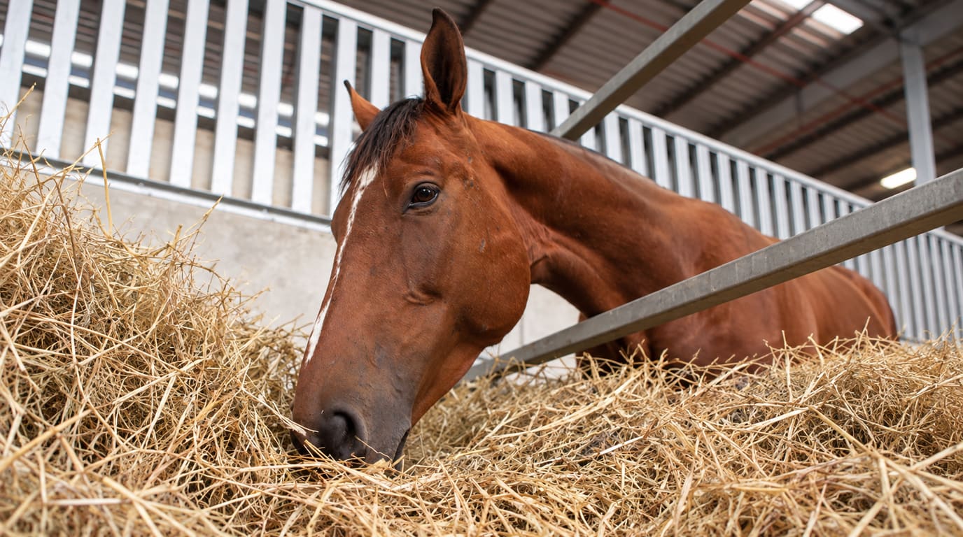 A bay horse with a white blaze reaches over a metal rail to eat loose dry hay piled in a bright, modern barn.