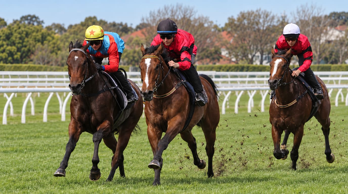 Three bay racehorses gallop on a grass track toward the camera, ridden by jockeys in red and blue silks, with white rails and trees behind.
