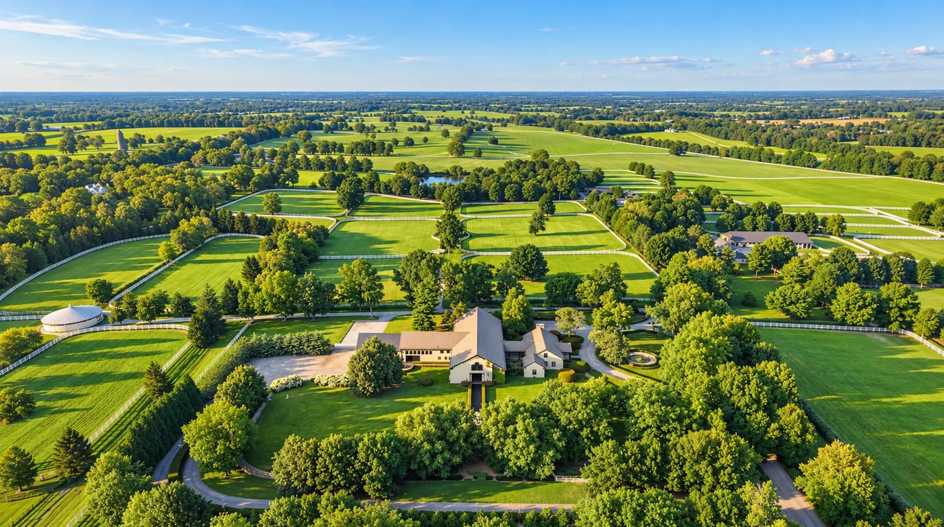 Aerial view of a Kentucky horse farm with a large main barn surrounded by trees, white-fenced green paddocks and rolling pastureland under blue sky.
