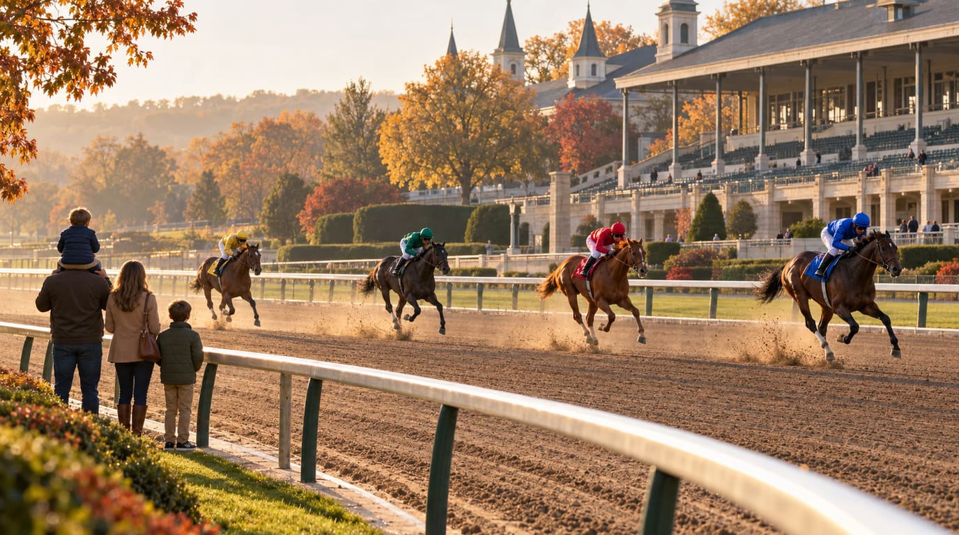 Four Thoroughbreds with jockeys in colorful silks gallop along a dirt track in golden light as a family watches from the rail near a limestone grandstand and autumn trees.