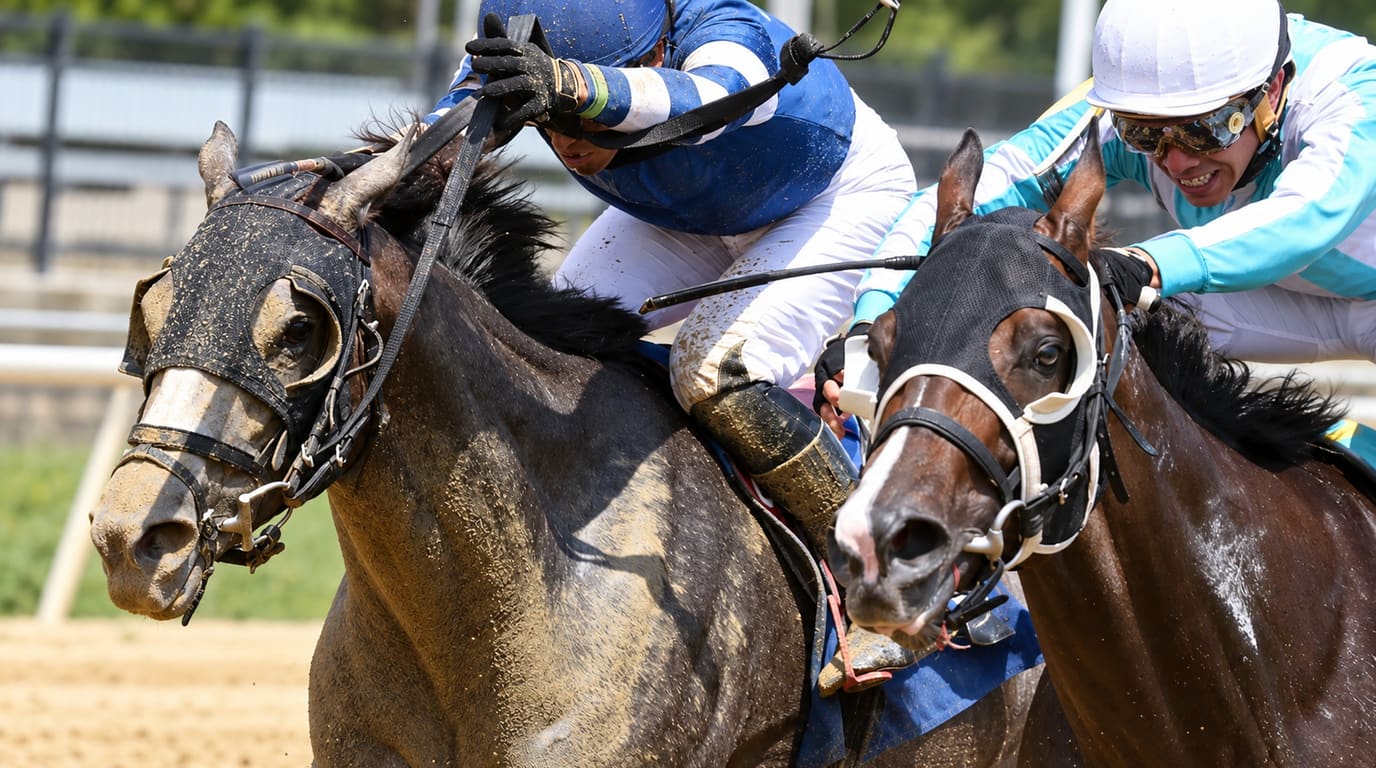 A mud-splattered gray racehorse and a bay horse in blinkers race head to head, their jockeys in blue and turquoise silks driving hard.