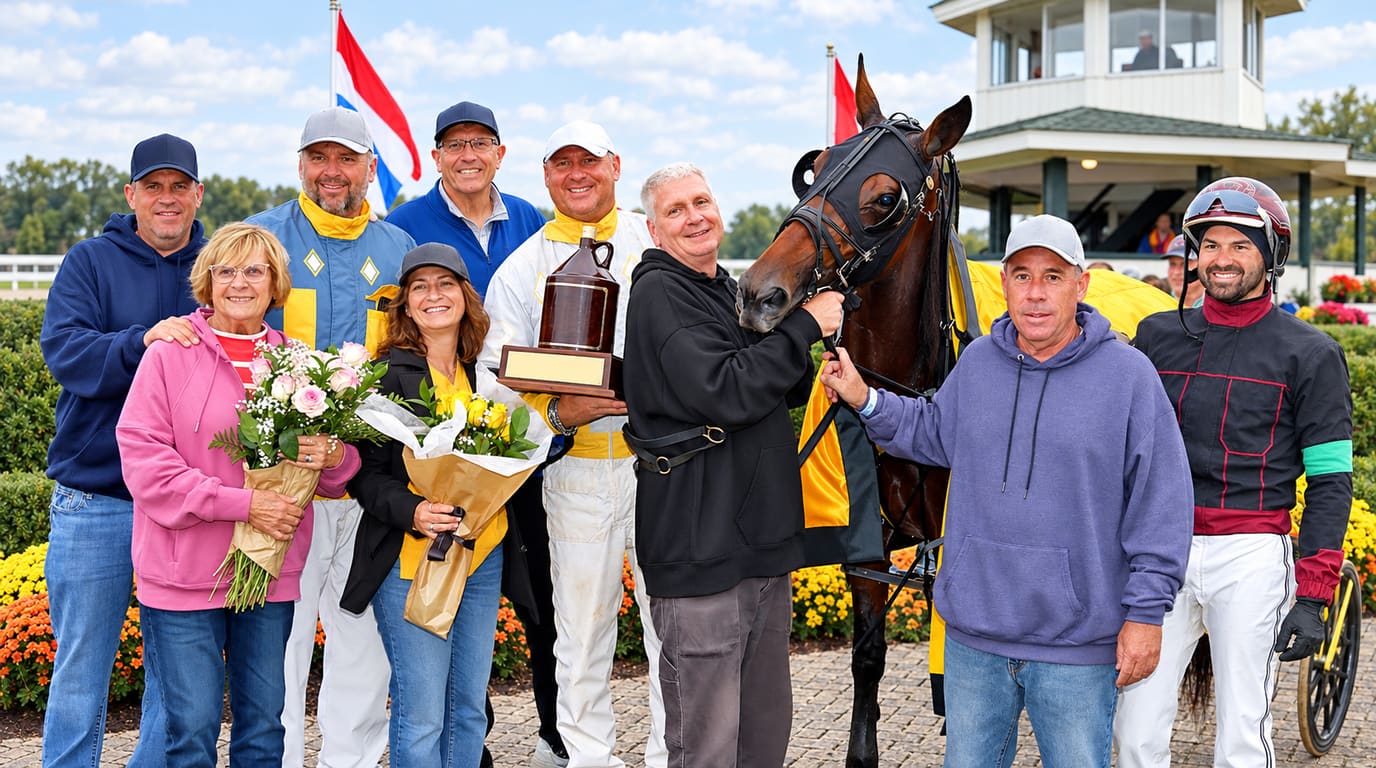 Smiling owners, trainers and a helmeted driver pose in the winner's circle with a bay pacer in blinkers, a jug trophy and bouquets of flowers.